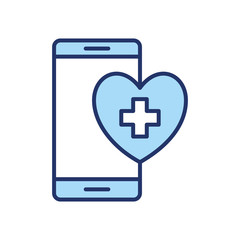 smartphone and cross inside heart line and fill style icon vector design