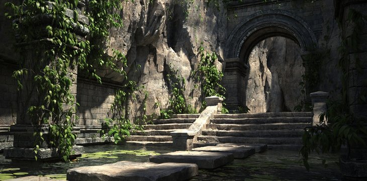 Ruins of the sacred temple with green vegetation. Beautiful natural wallpaper. 3D illustration.