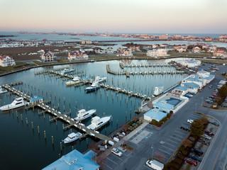 Aerial view of fishing marina in Ocean City, Maryland, USA.