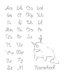 font with curls, kids alphabet, ornament letters with black shadows, funny cute narwhal with baby face, vector illustration isolated on white background in hand drawn style