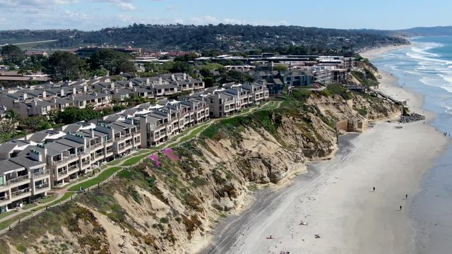 Aerial view of Solana Beach with Pacific ocean during sunny day, coastal city in San Diego County, California. USA
