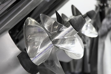 Coaxial stainless steel boat propellers on powerboat double motor installation