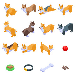 Corgi dogs icons set. Isometric set of corgi dogs vector icons for web design isolated on white background
