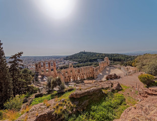 Greece, Herodium ancient roman theater under Acropolis and Athens city panoramic view
