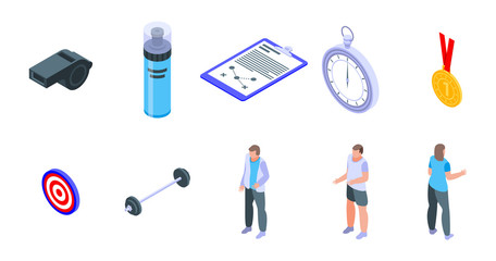 Coach icons set. Isometric set of coach vector icons for web design isolated on white background