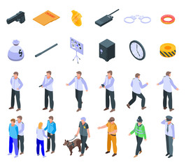 Policeman icons set. Isometric set of policeman vector icons for web design isolated on white background