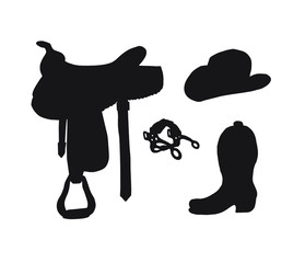 Vector set bundle of black doodle sketch western cowboy equipment silhouette isolated on white background. Saddle, boots, hat illustration