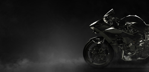 Naklejka na ściany i meble Black motorcycle on a dark background with smoke, side view (3D illustration)