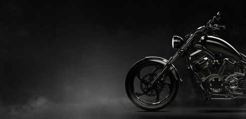 Fototapeta Black motorcycle on a dark background with smoke, side view (3D illustration) obraz