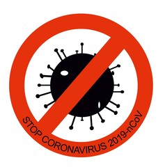 Coronavirus Icon with Red Prohibit Sign, 2019-nCoV Novel Coronavirus Bacteria. No Infection and Stop Coronavirus Concepts. Dangerous Coronavirus Cell in China, Wuhan. Isolated Vector Icon