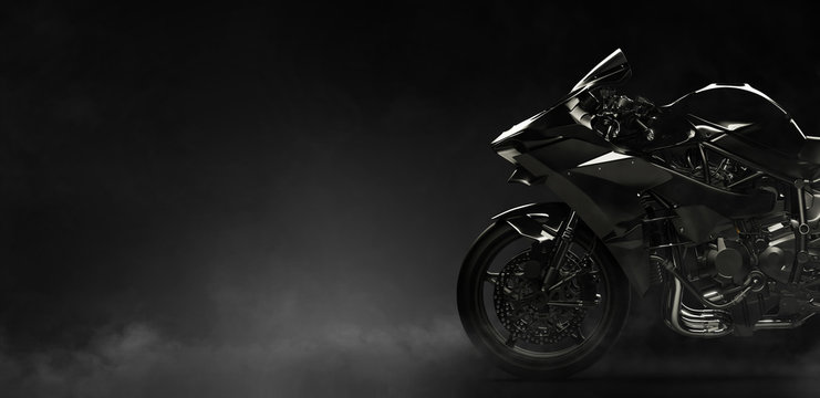 Black motorcycle on a dark background with smoke, side view (3D illustration)