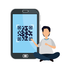 man and smartphone device with scan code qr vector illustration design