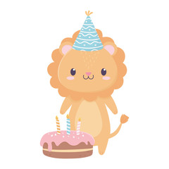 happy birthday sheep lion with party hats and cake celebration decoration card