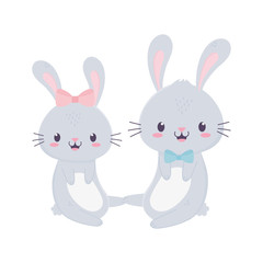 cute couple rabbits with bow tie animal cartoon isolated icon