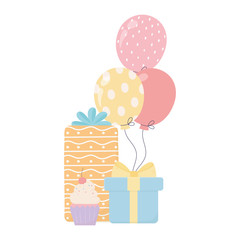 happy birthday sweet cupcake gifts and balloons celebration decoration card