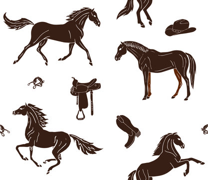 Vector seamless pattern of hand drawn doodle sketch brown horses and cowboy western equipment isolated on white background