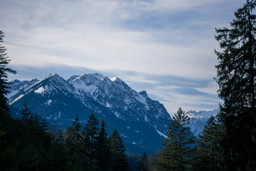 High alpine mountains with snow in Germany and blue beautiful sky