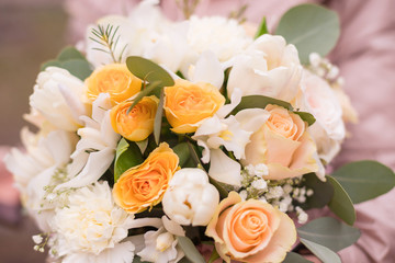 Classic Bridal Round Bouquet of Roses. Wedding Flowers.Fresh bouquet. Flowers Background