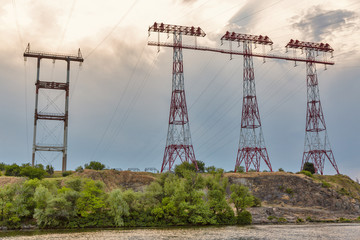 High voltage power lines towers on island of Khortytsia in Ukraine.