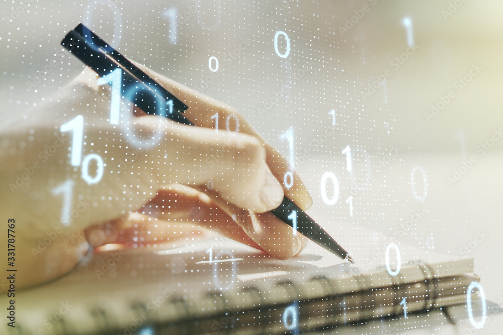 Leinwandbilder creative concept of binary code illustration and woman hand writing in notebook on background. big d