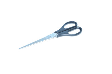 Single black steel scissors isolated on white background. Shape for cutting something
