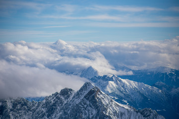 High alpine mountains with snow in Germany and blue beautiful sky