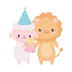happy birthday sheep lion with party hat celebration decoration card