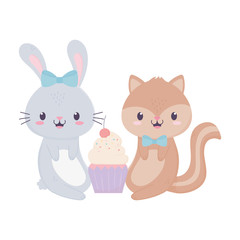 happy birthday cute rabbit squirrel cupcake celebration decoration card