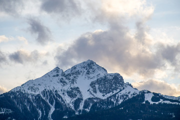 High alpine mountains with snow in Germany and blue beautiful sky