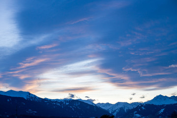 High alpine mountains with snow in Germany and blue beautiful sky