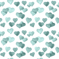 Seamless green hearts pattern. Hand drawn watercolor illustration on white background