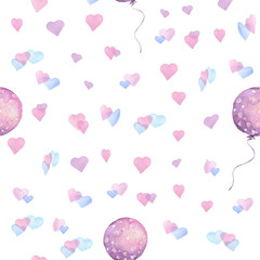 Coeurs colorés sans couture avec motif ballon. Illustration aquarelle dessinée à la main sur fond blanc