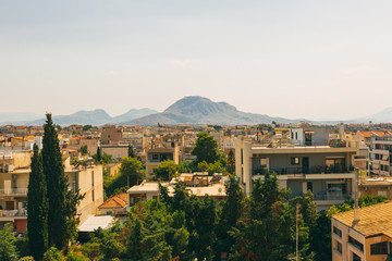 The view of fortress Acrocorinth from balcony, Greece, Corinth. Summer time, evening.