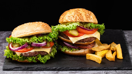 Big burger with french fries on dark background