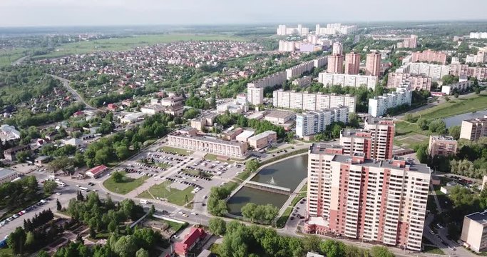 Aerial view of modern residential areas of Chekhov city in sunny spring day, Russia