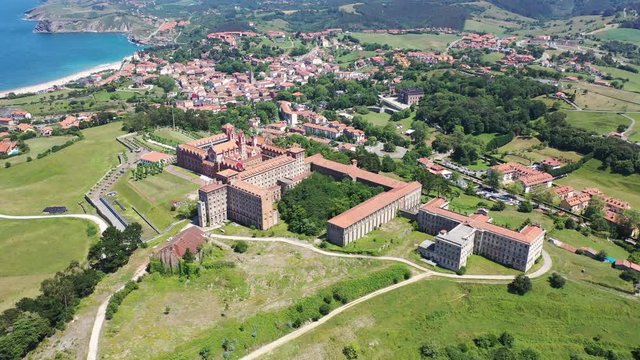 Aerial view of Cantabria  University Center CIESE in Comillas, landscape and buildings 