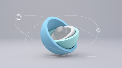 Blue, mint green, white hemispheres. Glass balls. Abstract illustration, 3d rendering..