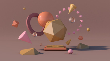 Beige, pink, orange geometric shapes. Abstract illustration, 3d rendering.