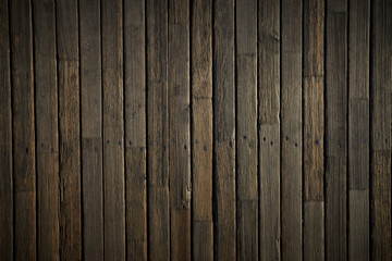 Fototapeta premium Wooden texture. Old terrace board. Background of old natural wooden dark empty deck with messy and grungy crack beech, oak tree floor texture inside vintage, retro perfect blank.