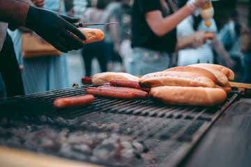 Delicious fresh hot dogs on the grill