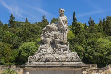 Remarkable garden and first public garden in Europe: Jardin de la Fontaine (1738 - 1755) in Nimes. Nimes, Occitanie region of southern France.