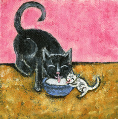 Mama Cat and Baby Kitten Drinking Milk Together