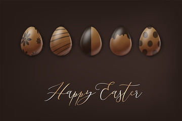 Easter poster or banner. Cholocate eggs with decoration on brown background. Spring egg hunt. Golden lettering. Vector illustration.