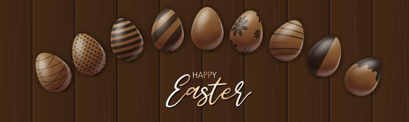 Easter banner or website header. Chocolate eggs on wooden brown board background. Vector illustration.
