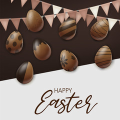 Easter poster or banner. Cholocate eggs with decoration on brown background. Spring egg hunt. Vector illustration.