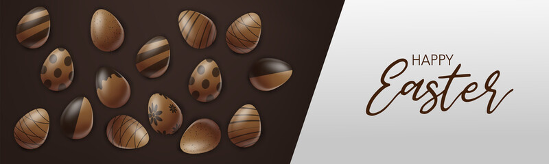 Happy Easter banner or website header. Chocolate eggs on brown background. Vector illustration.