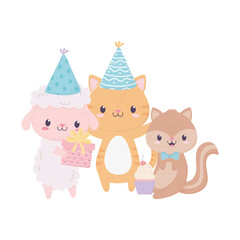 happy birthday cute animals gifts party hat cupcake celebration decoration card
