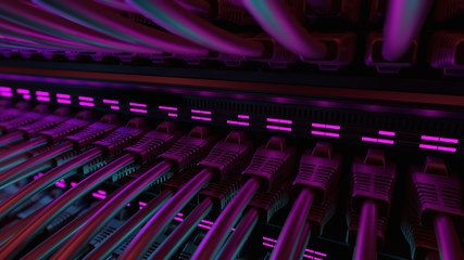 Close-up View of Modern Internet Network Switch With Plugged Ethernet Cables. Blinking Lights on Internet Server. Concept of Data Center, Cloud Computing and Telecommunications.
