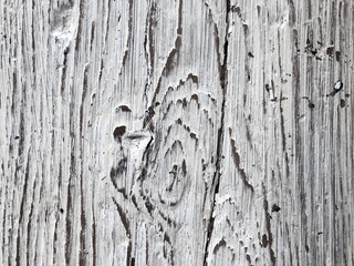 Embossed texture of an old painted wooden board. White board with cracks and scratches. Aged oak...