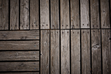 Wooden texture. Old terrace board. Background of old natural wooden dark empty deck with messy and grungy crack beech, oak tree floor texture inside vintage, retro perfect blank.